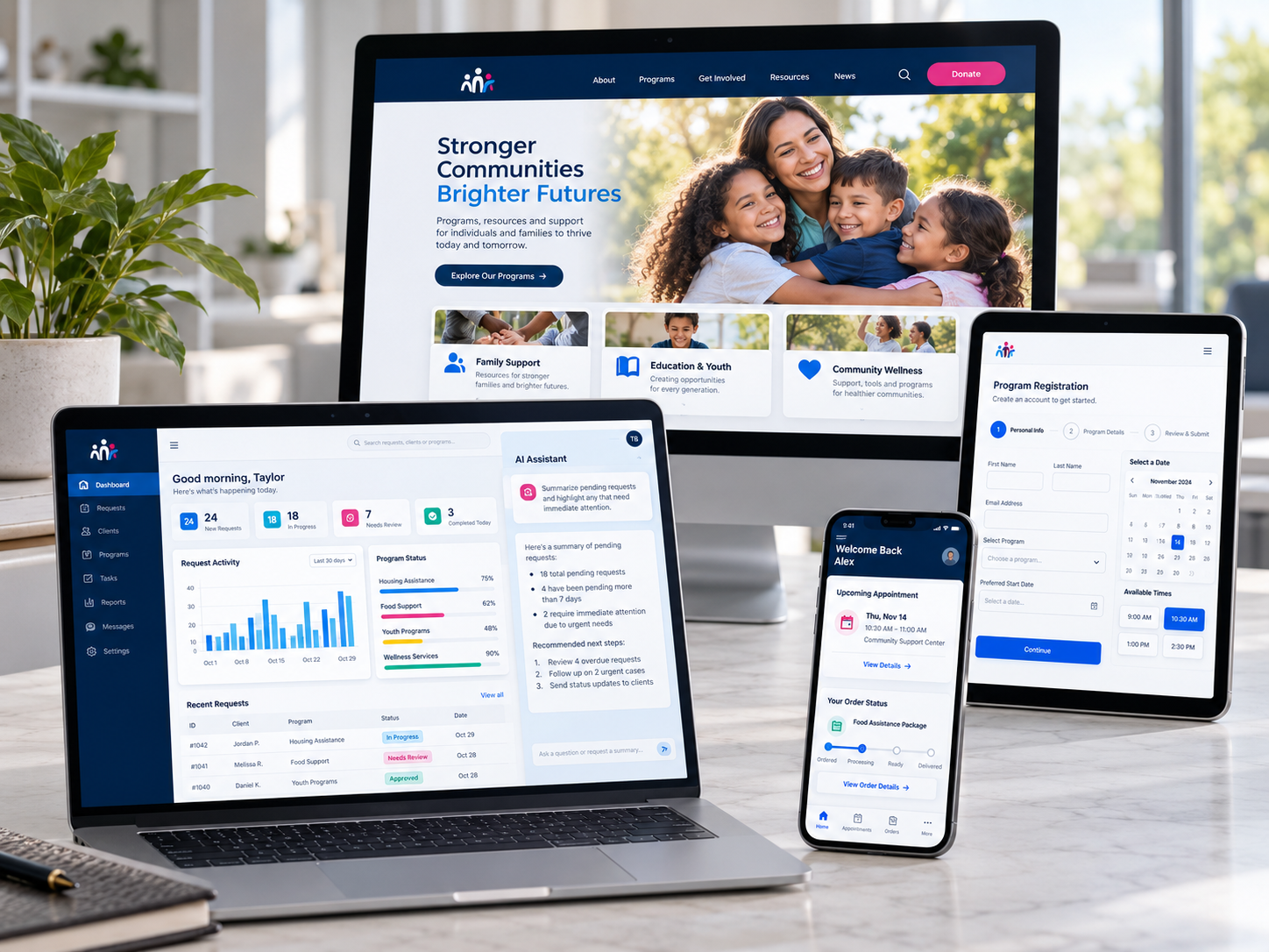 Website and web app shown on laptop, tablet, and phone